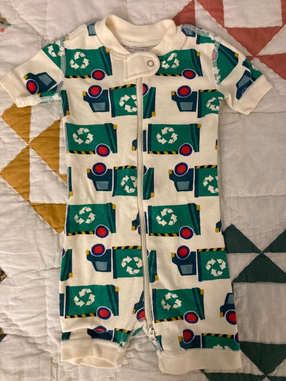 Hanna Andersson 6-12 month Recycling Truck Zipper Romper